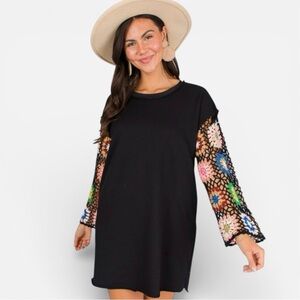 Umgee Granny Square Crochet Sleeve Mini Sweater Dress S Whimsigoth Grunge Boho